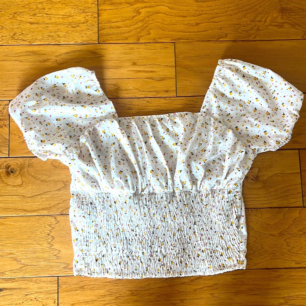 New glory cropped smocked cinched waist puffed cap sleeve shirred peasant blouse
